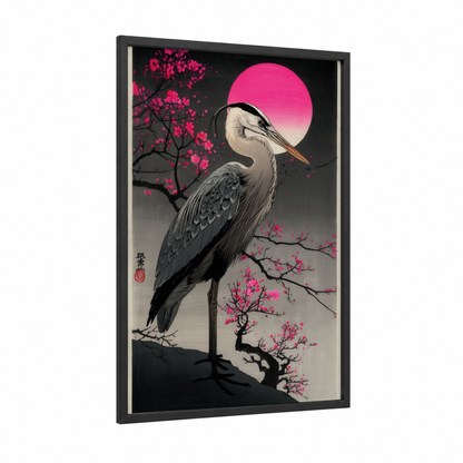 Crimson Heron framed art print — black wood frame — magenta and black palette