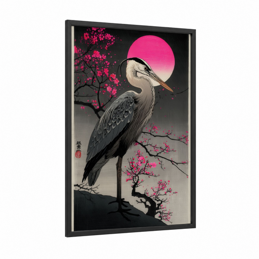 Crimson Heron framed art print — black wood frame — magenta and black palette