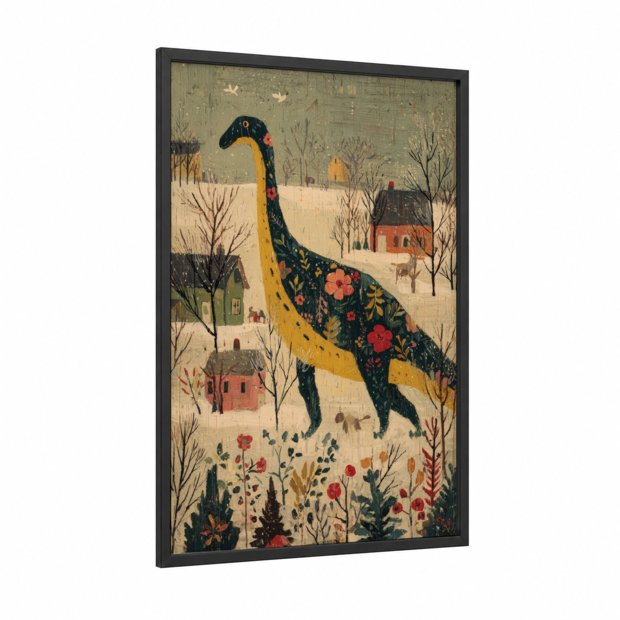 Floral Dinosaur Winter framed art print — black wood frame — dark blue and cream palette