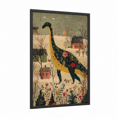 Floral Dinosaur Winter framed art print — black wood frame — dark blue and cream palette