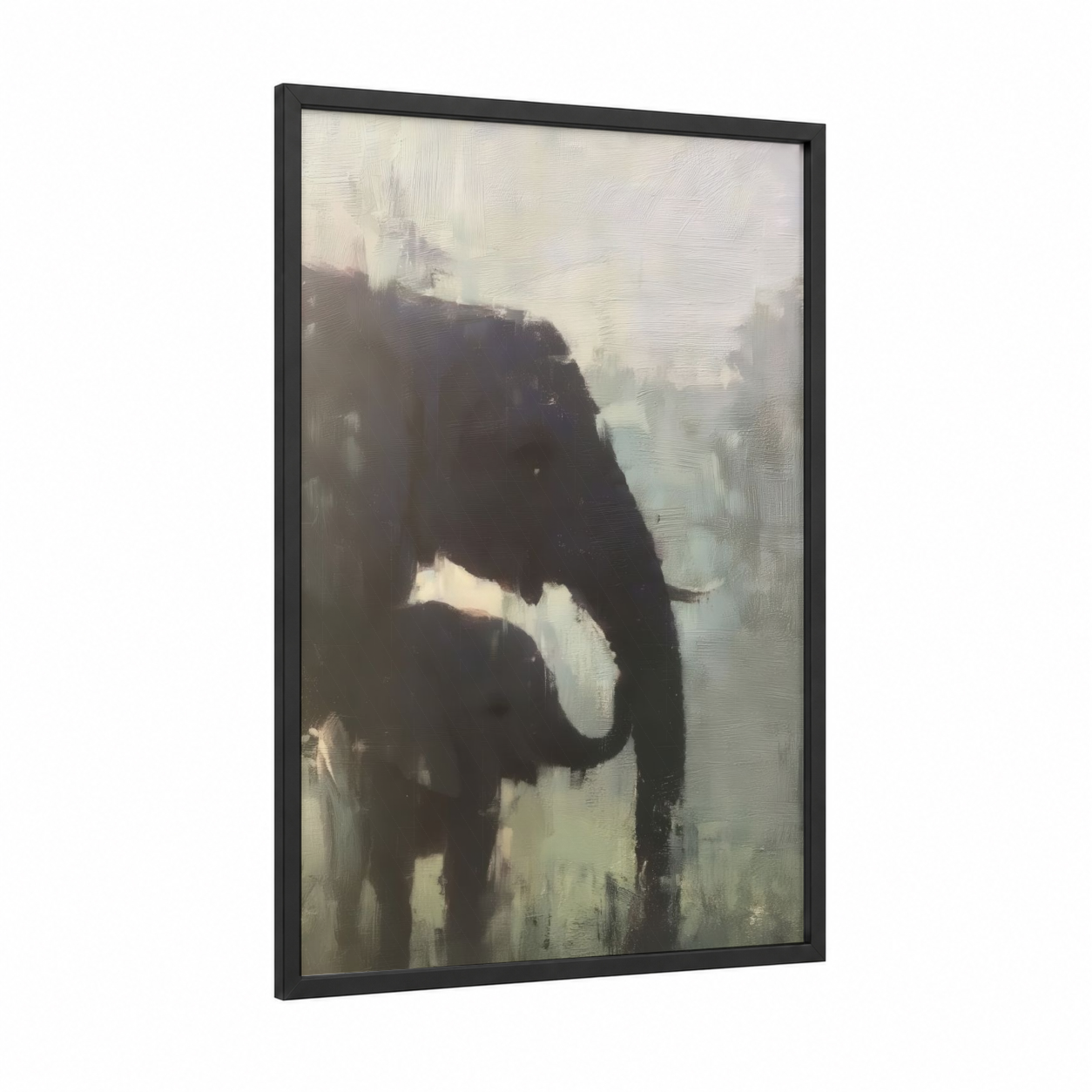 Misty Savanna Elephant framed art print — black wood frame — gray and white and dove gray palette