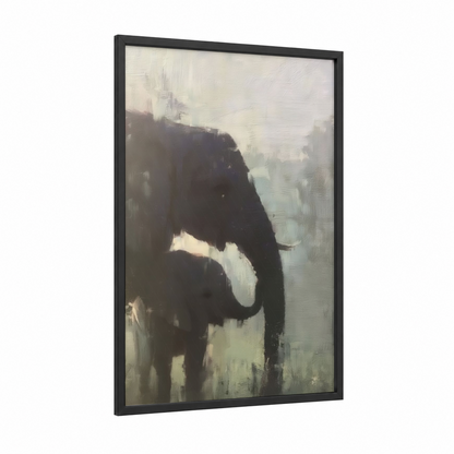 Misty Savanna Elephant framed art print — black wood frame — gray and white and dove gray palette