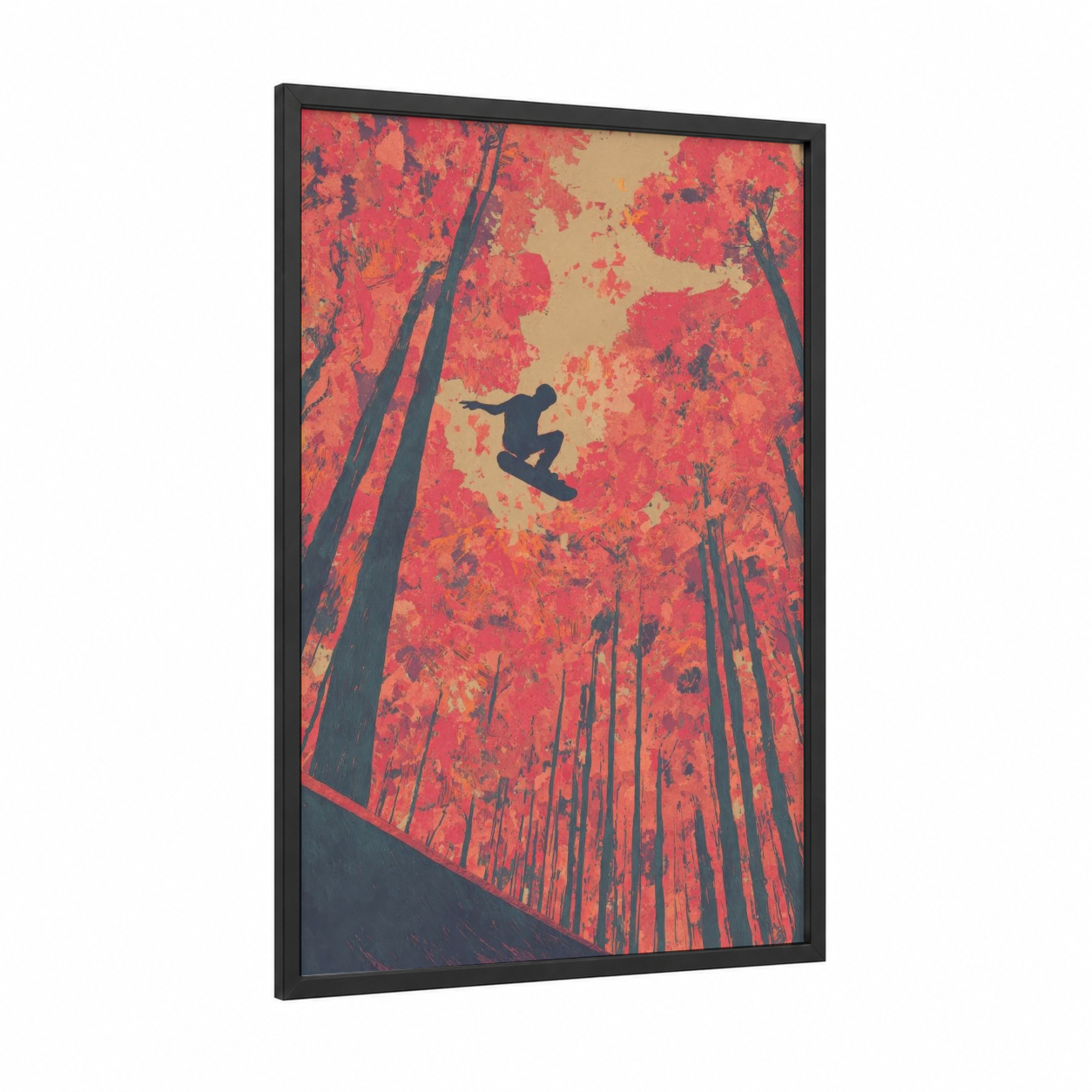 Crimson Skateboarder framed skateboarding print — black wood frame — red and gold palette