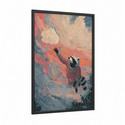 Cosmic Raccoon framed art print — black wood frame — salmon pink and dove gray palette