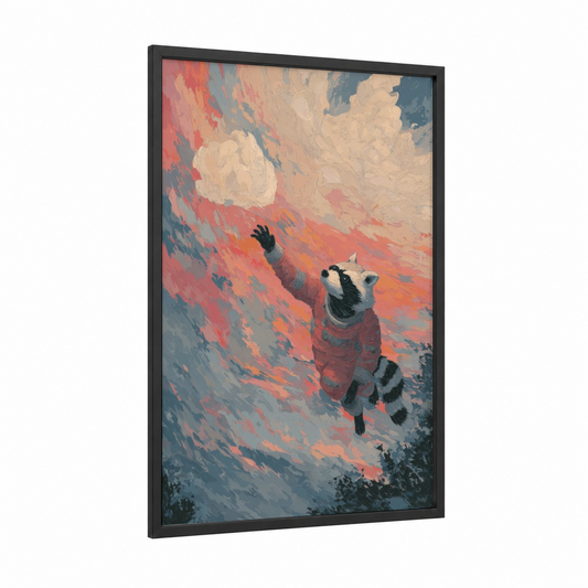 Cosmic Raccoon framed art print — black wood frame — salmon pink and dove gray palette