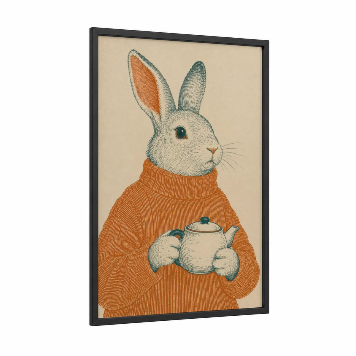 Vintage Rabbit Tea Time Wall Art framed art print — black wood frame — beige and orange palette