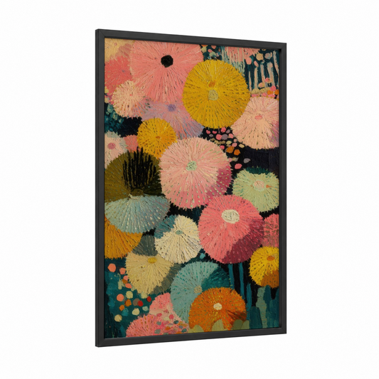 Radiant Sea Urchins framed art print — black wood frame — pink and gold palette