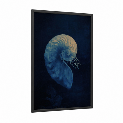 Golden Nautilus framed art print — black wood frame — dark blue and gold palette