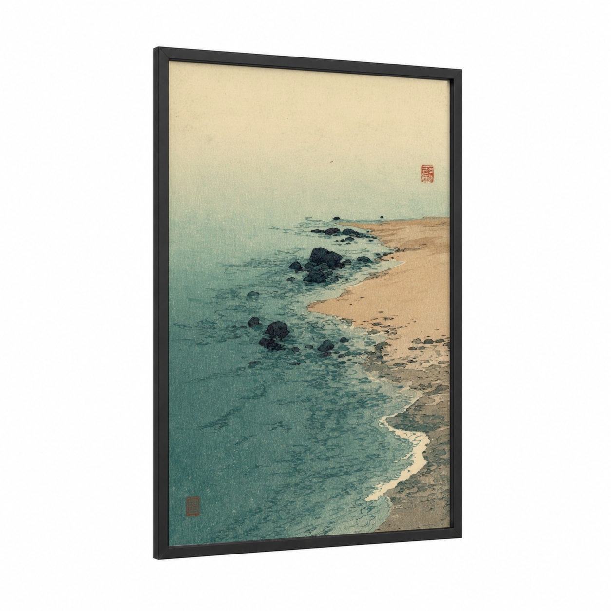 Serene Coastal Shore framed sandy beach print — black wood frame — teal and cream palette