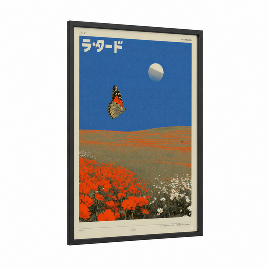 Butterfly Meadow framed japanese y2k print — black wood frame — blue and red palette