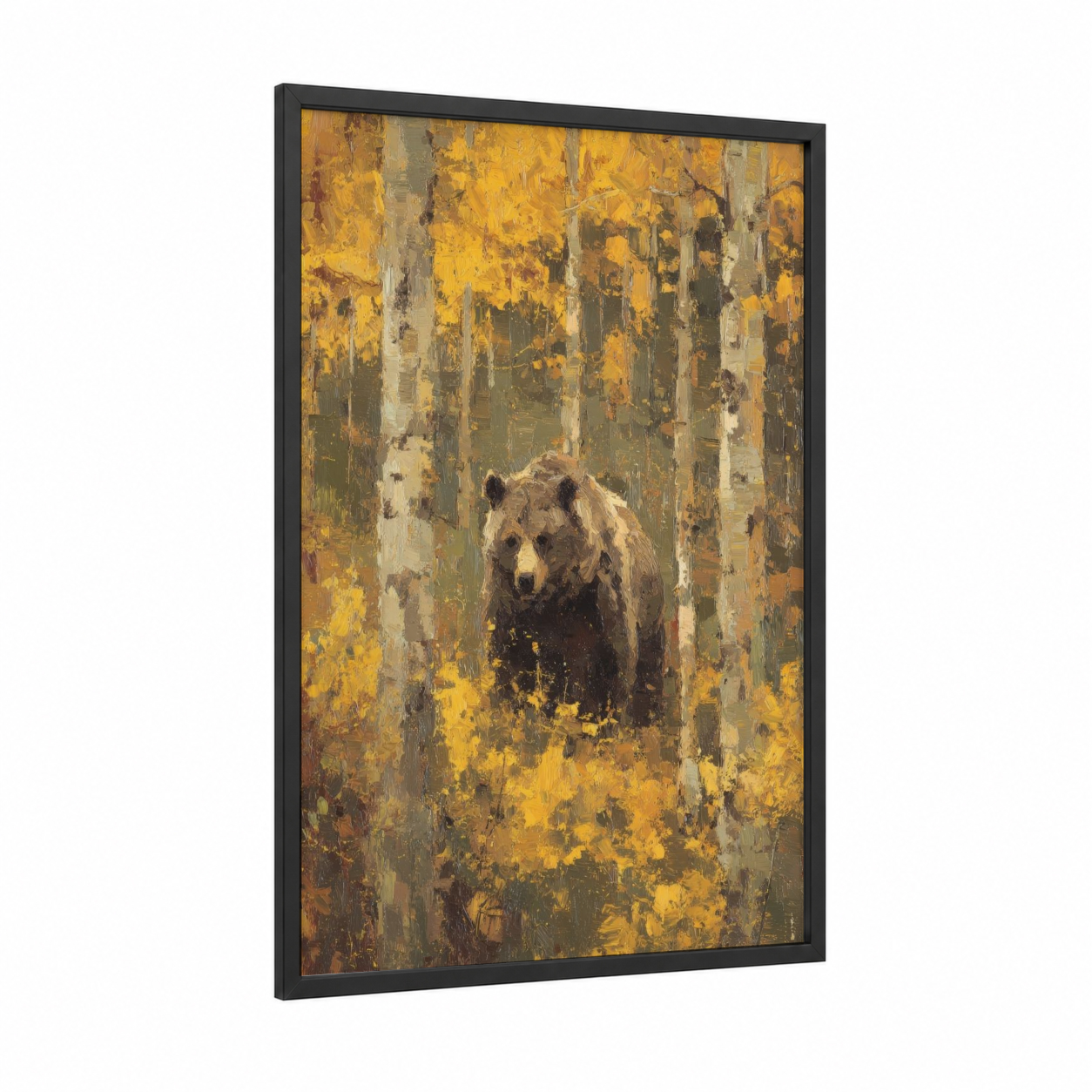Autumn Grizzly framed grizzly bear print — black wood frame — yellow gold and olive palette