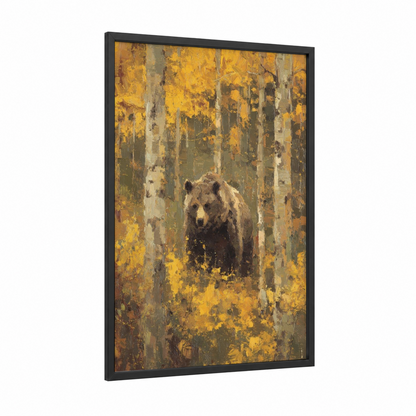 Autumn Grizzly framed grizzly bear print — black wood frame — yellow gold and olive palette
