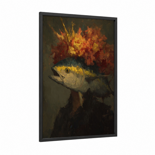 Fiery Tuna framed art print — black wood frame — gold and black palette