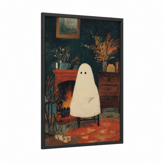 Cozy Ghost framed art print — black wood frame — cream palette