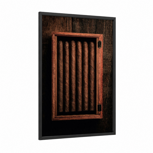 Vintage Cigar Cabinet framed cigars print — black wood frame — brown and black palette