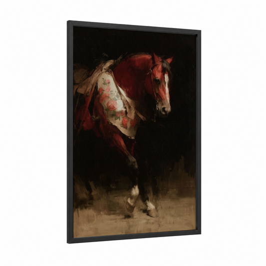 Ornate Quarter Horse framed art print — black wood frame — maroon and cream palette