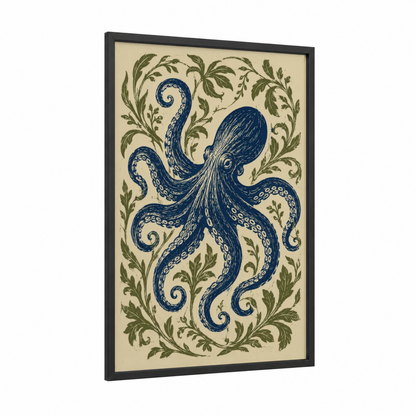 Vintage Octopus Botanical Wall Art framed art print — black wood frame — blue and beige palette