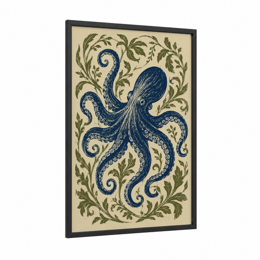 Vintage Octopus Botanical Wall Art framed art print — black wood frame — blue and beige palette