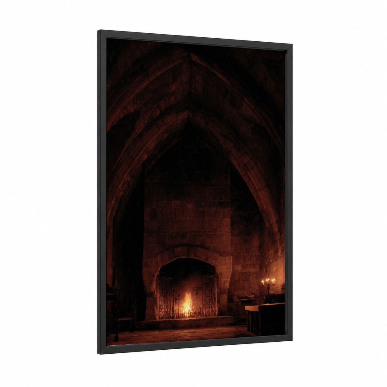 Gothic Fireplace framed art print — black wood frame — black and red and gold palette