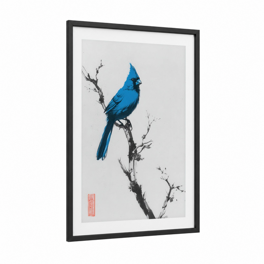 Azure Cardinal Branch framed art print — black wood frame — blue and gray and white palette