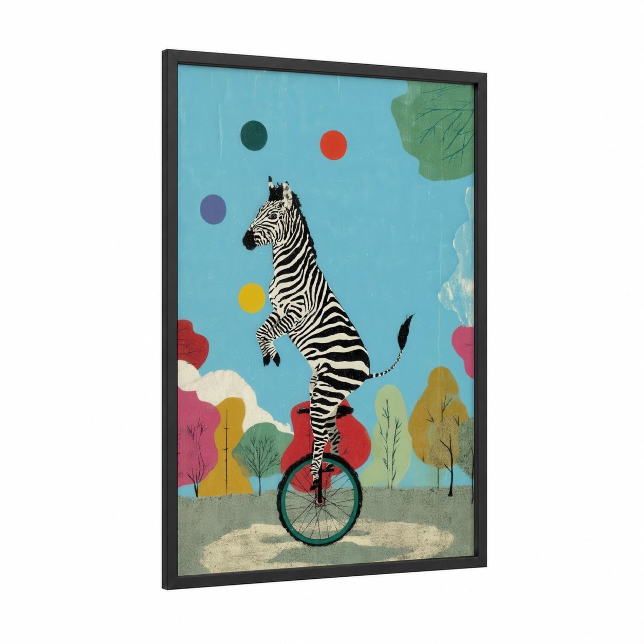 Acrobat Zebra framed art print — black wood frame — blue and green palette