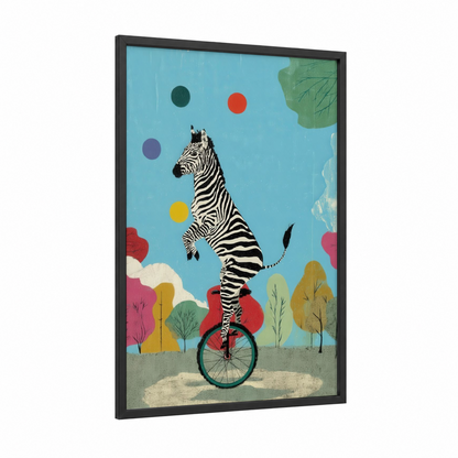 Acrobat Zebra framed art print — black wood frame — blue and green palette