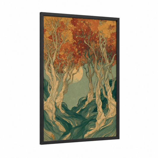 Autumn Maple Forest framed art print — black wood frame — orange and sage green palette