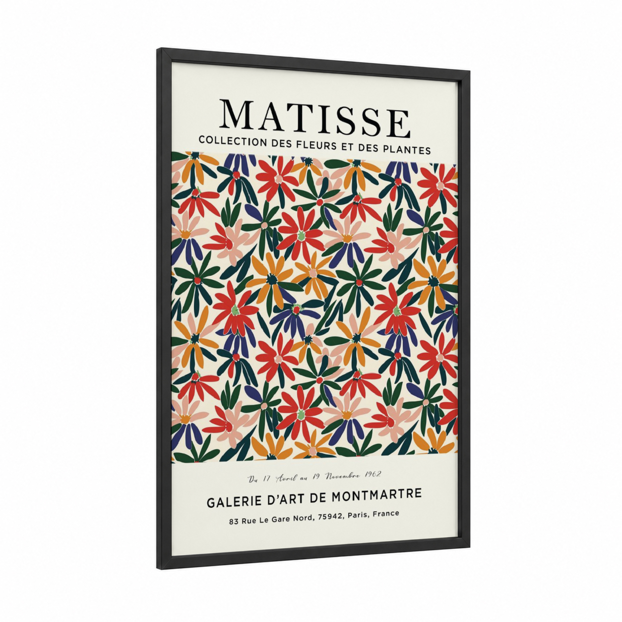Matisse Floral framed abstract flower print — black wood frame — red and dark blue palette