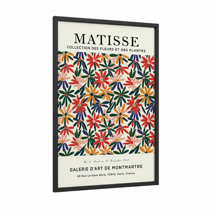 Matisse Floral framed abstract flower print — black wood frame — red and dark blue palette
