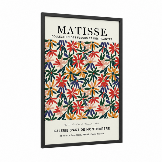 Matisse Floral framed abstract flower print — black wood frame — red and dark blue palette
