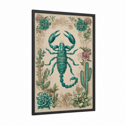 Teal Scorpion Garden framed scorpions print — black wood frame — teal and cream palette