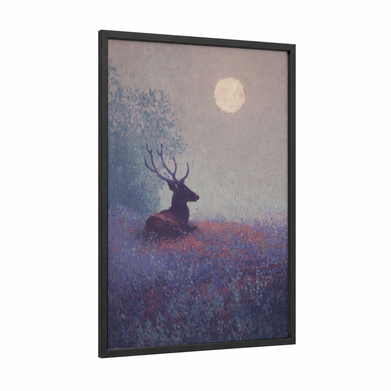 Moonlit Reindeer framed art print — black wood frame — blue and rose gold palette