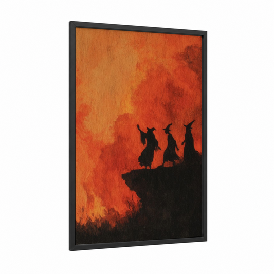 Witches' Summit framed magic and witchcraft print — black wood frame — red and orange palette