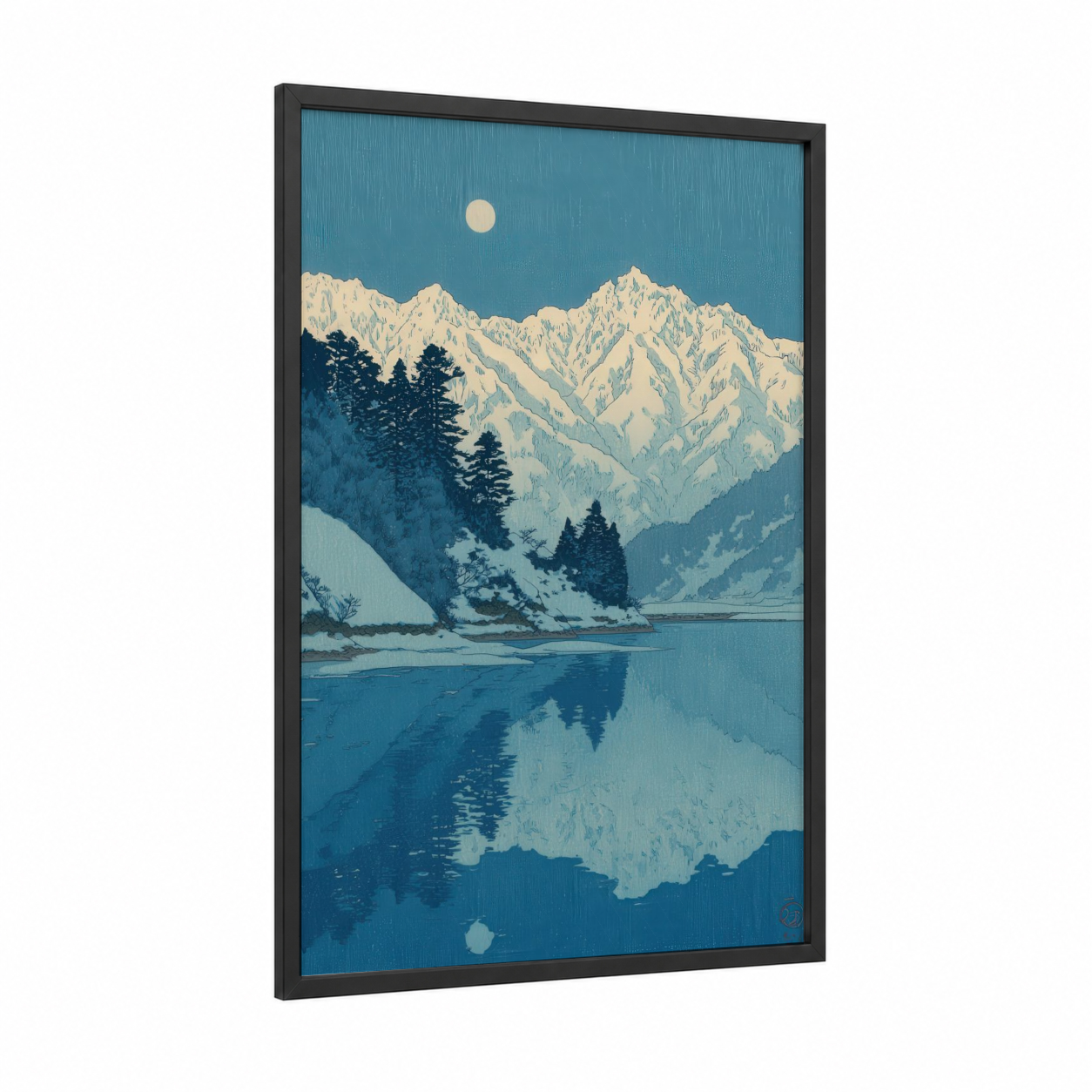 Alpine Lake Reflection framed snowy mountains print — black wood frame — blue and white palette