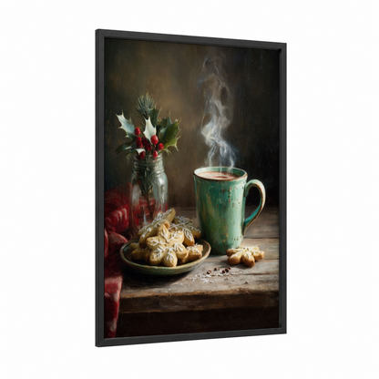 Festive Coffee Moment framed art print — black wood frame — gold and green palette