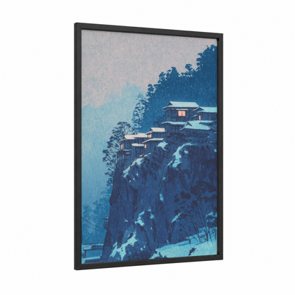 Snowy Cliff Temple framed art print — black wood frame — blue and white palette