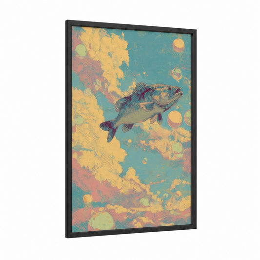 Dreaming Bass framed art print — black wood frame — teal and gold palette
