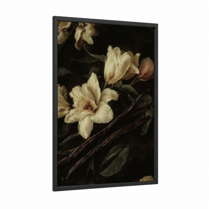 Cream Botanical Blooms framed herbs and spices print — black wood frame — cream and black palette