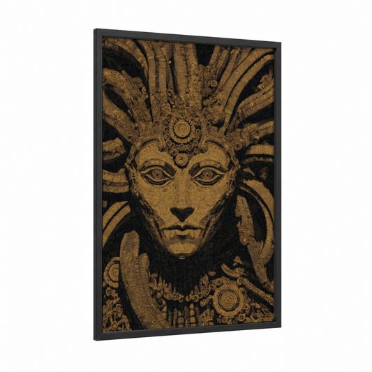 Golden Medusa framed art print — black wood frame — gold and black palette