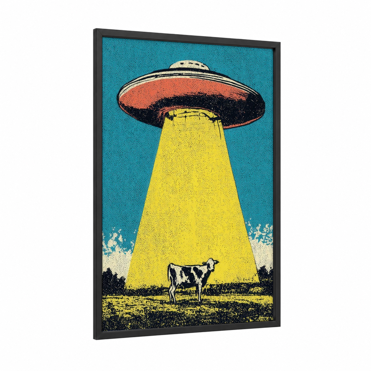 Alien Abduction framed ufo print — black wood frame — blue and yellow and black and gold palette