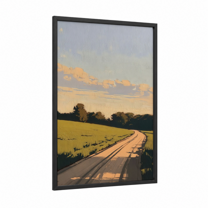 Golden Hour Road framed various landscapes print — black wood frame — gold and light green palette