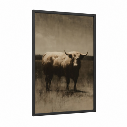 Highland Bull Portrait framed art print — black wood frame — beige and brown palette