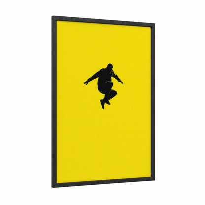 Airborne Parkour framed art print — black wood frame — yellow and black palette