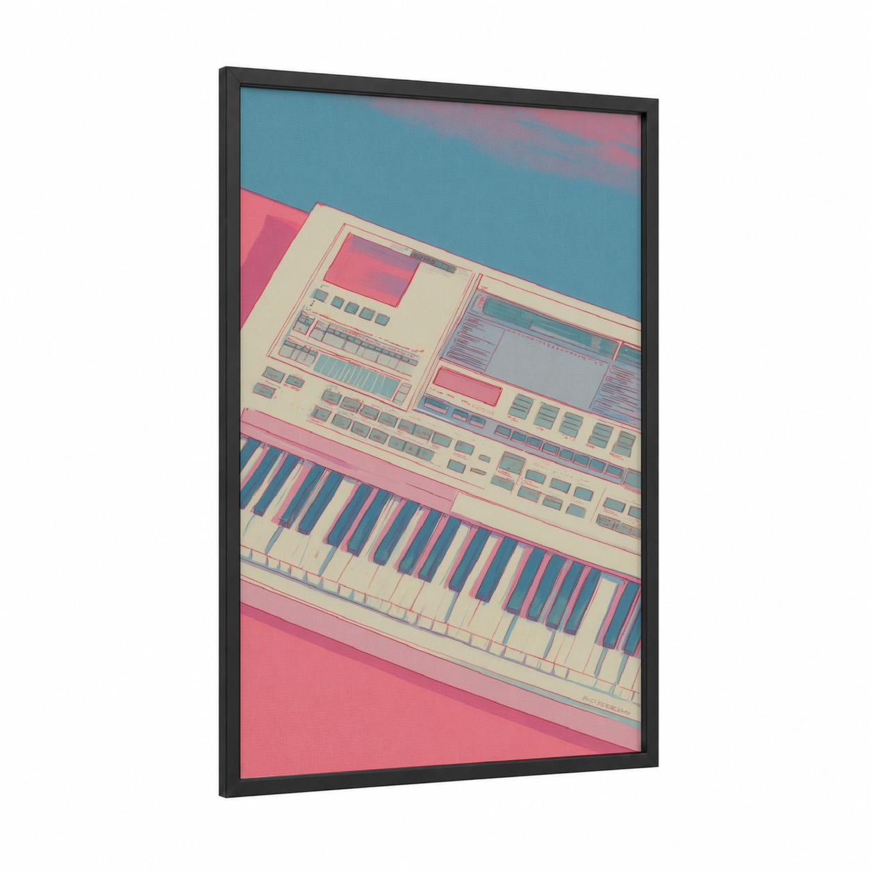 Pastel Synthesizer framed keyboard print — black wood frame — pink and blue palette