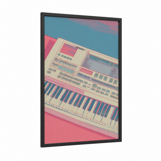 Pastel Synthesizer framed keyboard print — black wood frame — pink and blue palette