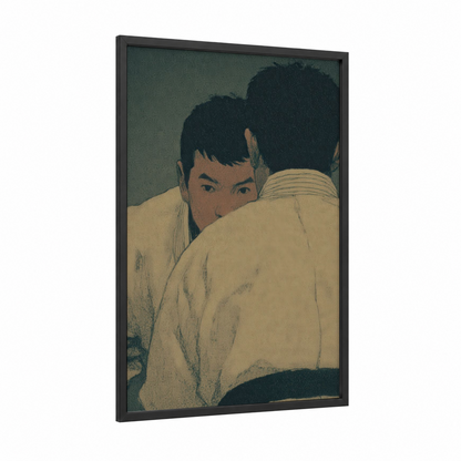 Intense Grapple framed jiu jutsu print — black wood frame — nobel and cream palette