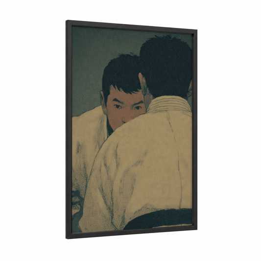 Intense Grapple framed jiu jutsu print — black wood frame — nobel and cream palette
