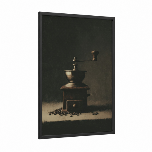 Vintage Coffee Grinder framed kitchen utensils print — black wood frame — espresso and gold palette