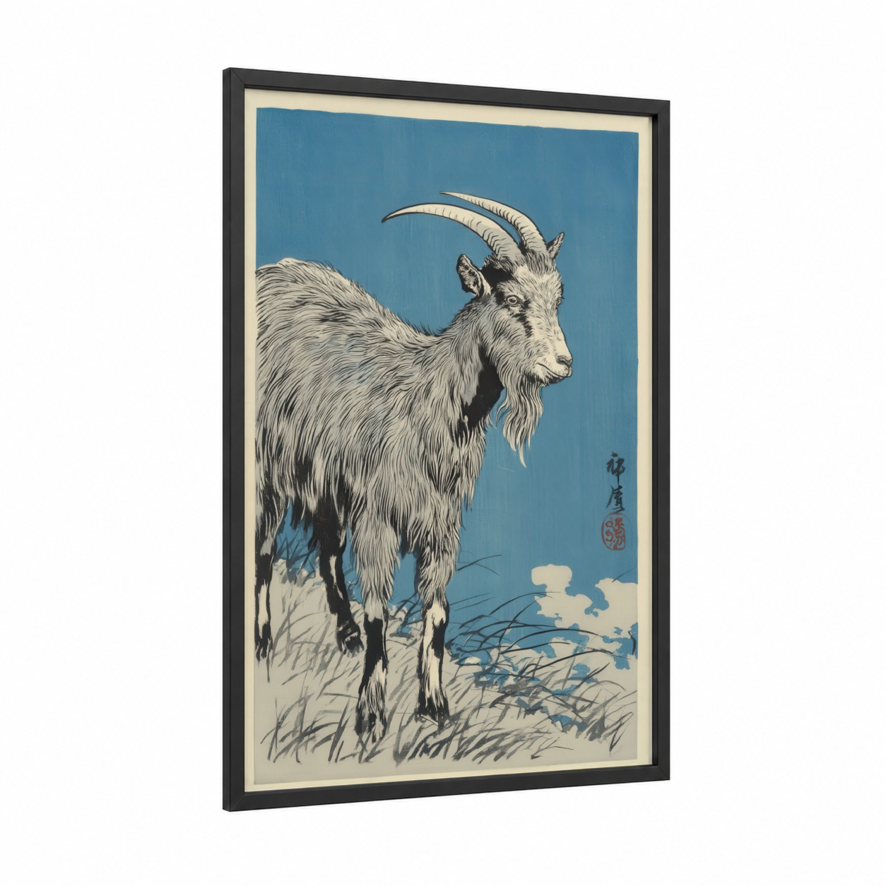 Alpine Goat framed art print — black wood frame — blue and cream palette