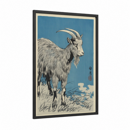 Alpine Goat framed art print — black wood frame — blue and cream palette
